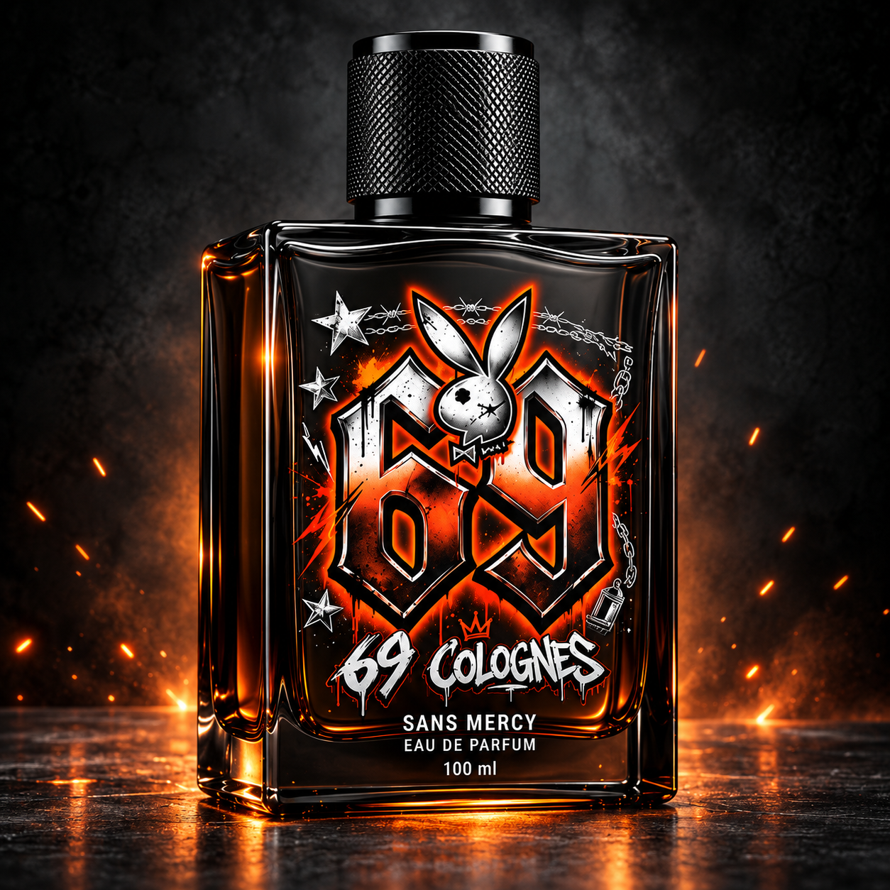 Sans Mercy: smoked glass cologne bottle with a textured black cap and orange and silver 69 artwork